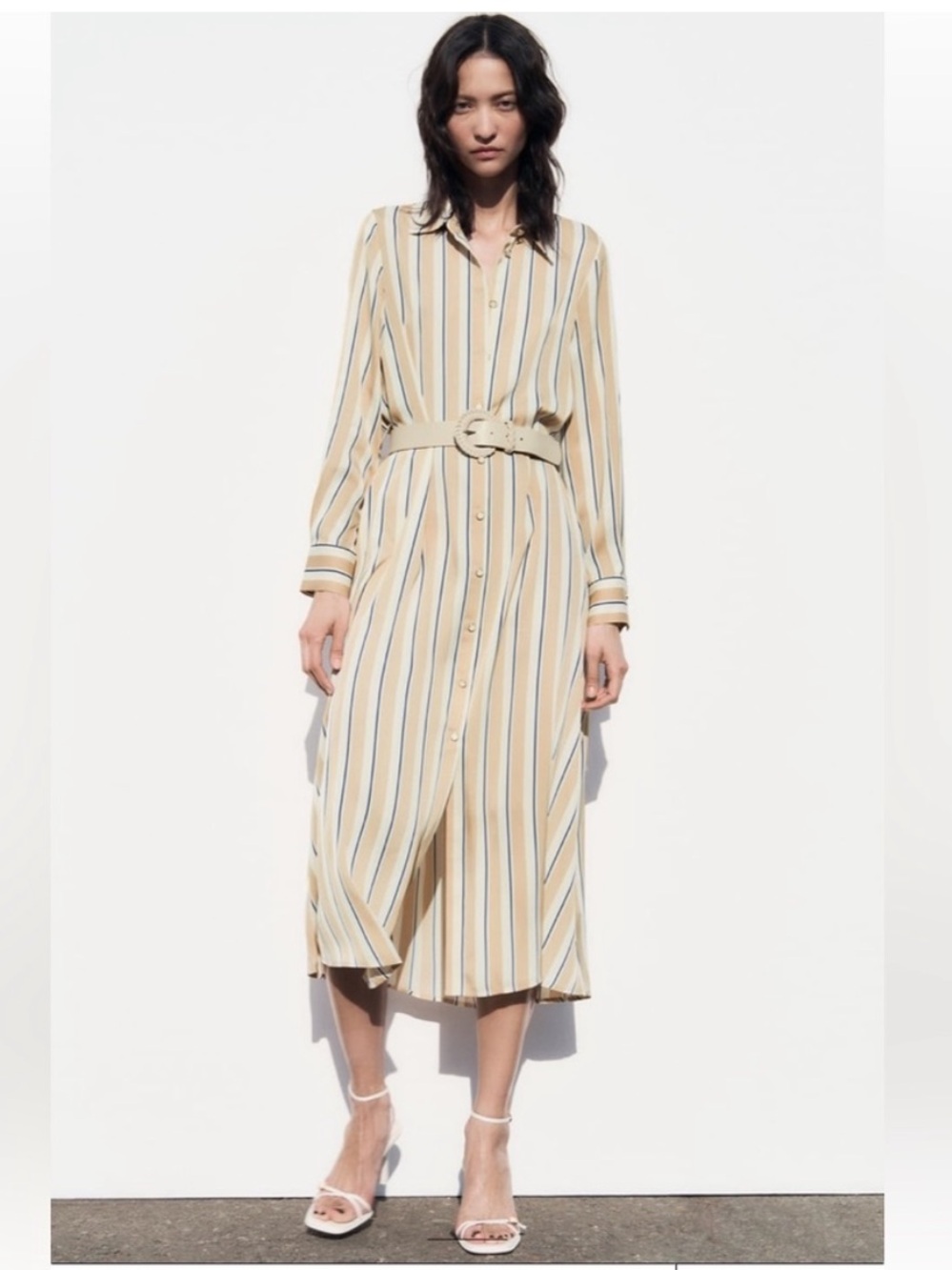 Zara Striped Shirt Dress Satin Tan White Navy Blue Button Front Maxi Size Medium